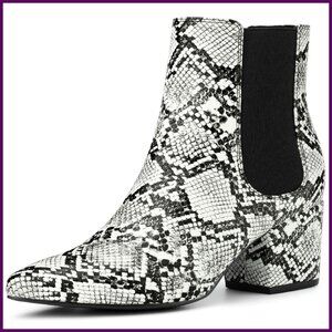 Snake Print Boots Pointed Toe Chunky Heel Ankle Booties Women's Shoes